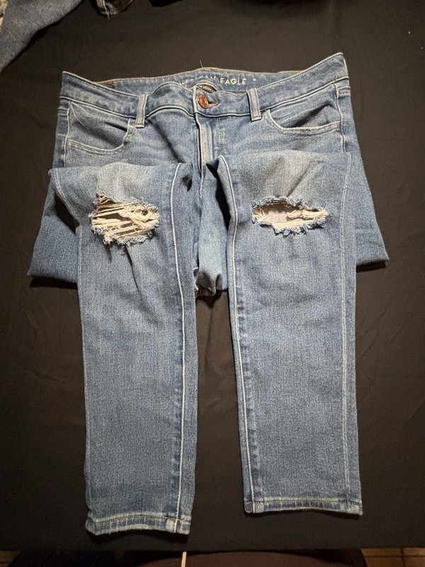 American Eagle Skinny Jeans Women 14 Dark Wash Distressed Ripped Denim High Rise