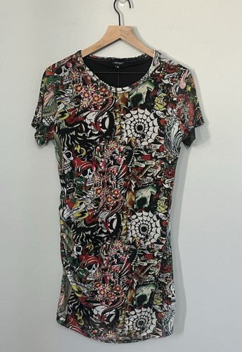 Neu mit Etikett Ed Hardy Netz gefüttertes Kleid Skelett Totenkopf Blumenmuster Tattoo-Druck gerafft Größe XL - Bild 1 von 14