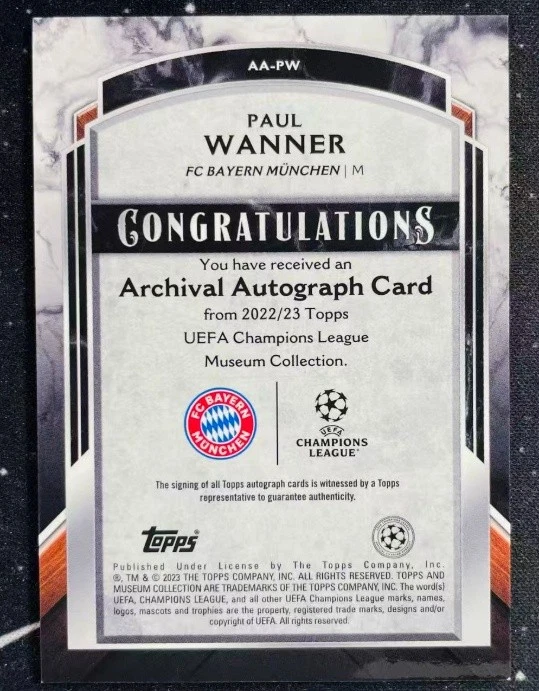 Paul Wanner 2022-23 Topps Museum Collection UCL Archival Auto Blue 33/75 #AA-PW - Image 2 of 2