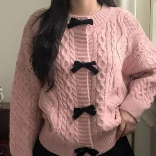 Pink Velvet Braid Knit Cardigan with Ribbons - Lightly Used, Cute