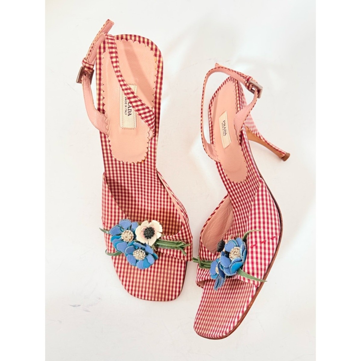 PRADA チェック柄 リボン　ハイヒール　37 Prada Vintage 2000s Gingham Floral Appliqué Slingback Heels 37.5