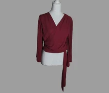 BaeVerly Faux Wrap Blouse Pleated Sleeves Waist Tie Burgundy Sz L Old Money Chic