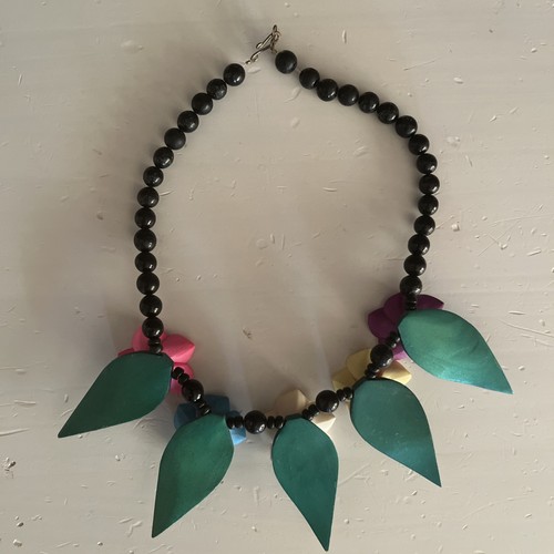 Vintage Hand Carved Wood Bead and Colorful Flowers Necklace - Picture 2 of 4