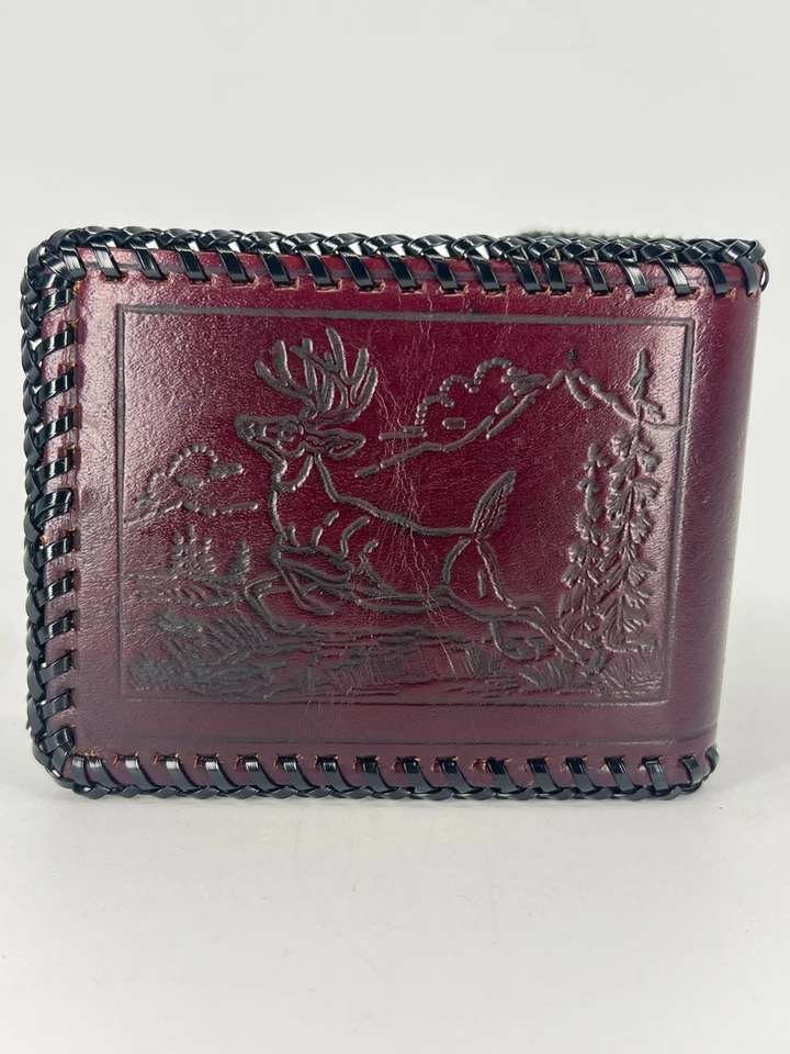 Cartera de hombre vintage de cuero mecanizada a mano ciervo vaquero occidental NUEVA STOCK ANTIGUO AÑOS 70 Foto 3 de 4
