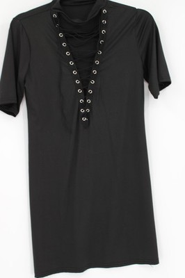 Lace Up Tunic Dress Womens Small Black Short Sleeve Deep V Grommet Detail Edgy