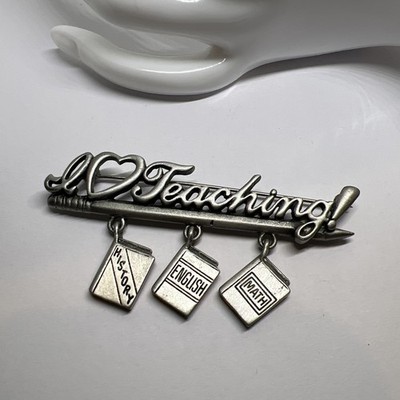 Signed JJ I Love Teaching Pencil With Book Charms Brooch Pin