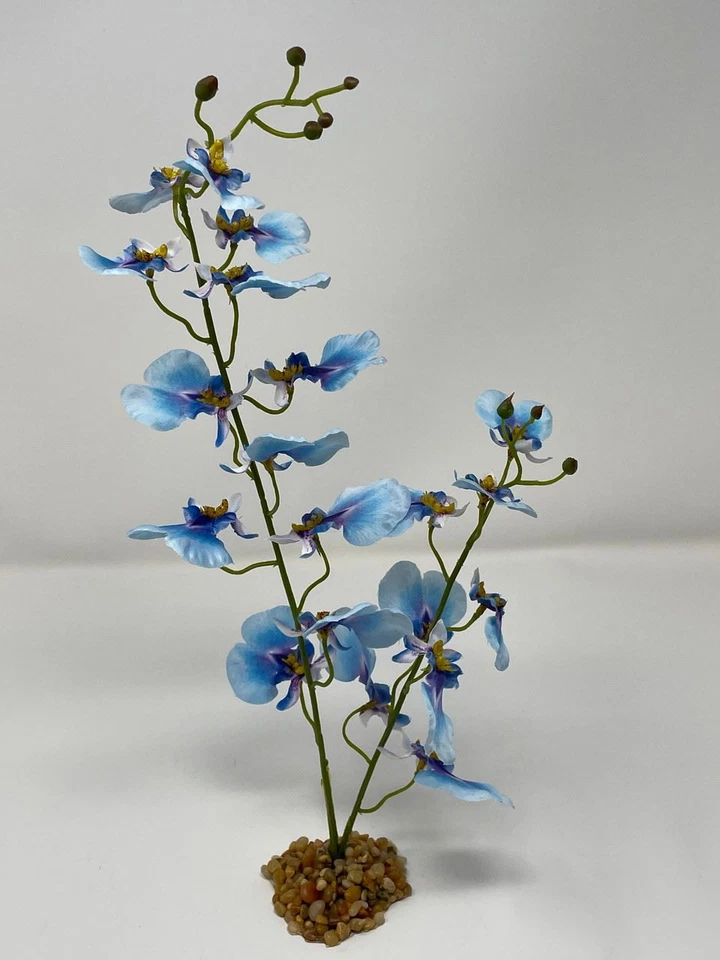 15" MD 2-tallos AZUL Oncidium ORQUÍDEA SEDA SUAVE FLOR ACUARIO PLANTA, BASE DE PIEDRA, Foto 4 de 4