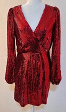 WAYF Flash Sequin Long Sleeve Faux Wrap Red Minidress NWT Size Small