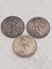 Lot of 3 (three) France 1 Franc silver coins dated 1920. Classic “Sower / Semeus