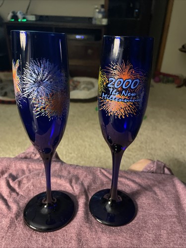 COLLECTOR'S 2000 New Millennium Cobalt Blue Glass Champagne Set of Flutes 8.75" - Picture 4 of 6