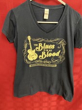 Gildan Women's V-Neck Cotton T-Shirt Blues Theme 100 Cotton Size L READ