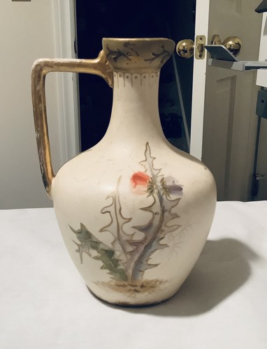Antique Hand Painted Royal Bonn Vase Pitcher Thistle Motif Cream Tones - Picture 7 of 12