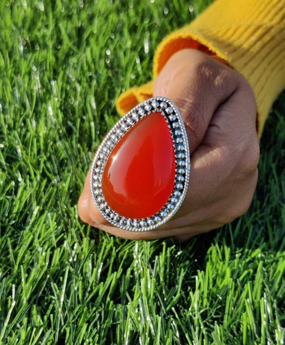 Bague En Argent 925 Avec Pierre Cornaline Orange - Taille 58 - Cabochon - Occasion Comme Neuf