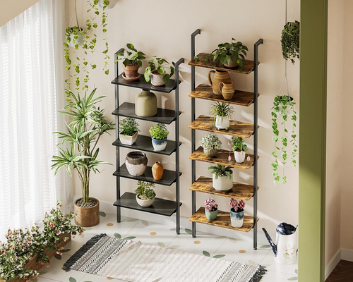 6-Tier Ladder Shelf, 87 Inches Wall Mounted Ladder Bookshelf with Metal Frame, O - Picture 4 of 8
