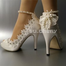 su.cheny 3  4" heel satin white ivory lace anklet open toe Wedding shoes size