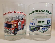 2 Vintage Hess Trucks Drinking Glasses Fire Truck Bank & Trailer & Racer