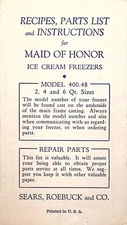 Sears Roebuck Maid of Honor Ice Cream Freezers Parts Brochure Vintage 400.48