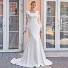 Classic Square Neck Puff Long Sleeves Button Back Satin Mermaid Wedding Dresses