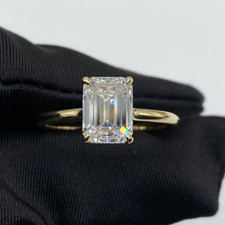 Image of 3.0 Ct Emerald Cut Moissanite Hidden Halo Engagement Ring 14K Yellow Gold plated