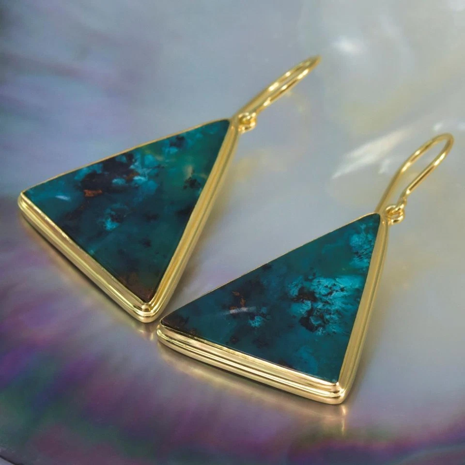 Pendientes Oro 18K Vermeil Plata de Ley Gema Sílice Crisocola Cabujón 8.39g Foto 2 de 4