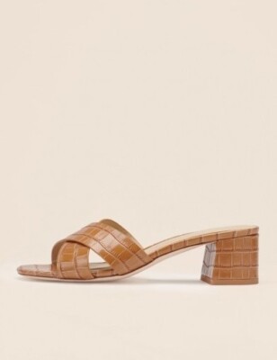 Reformation Mina Sandal Tan Croc-Effect Slip On Mules 2 Inch Block Heels US 7.5