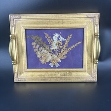 Vintage Handcrafted Dried Flower Art In Vintage Gold Handled Frame Glass