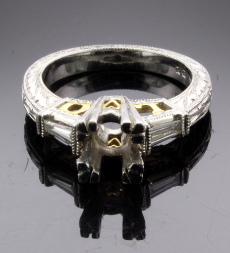 Platinum & 18k Gold Diamond Hand Engraved 3 stone Semi Mount - Picture 3 of 6