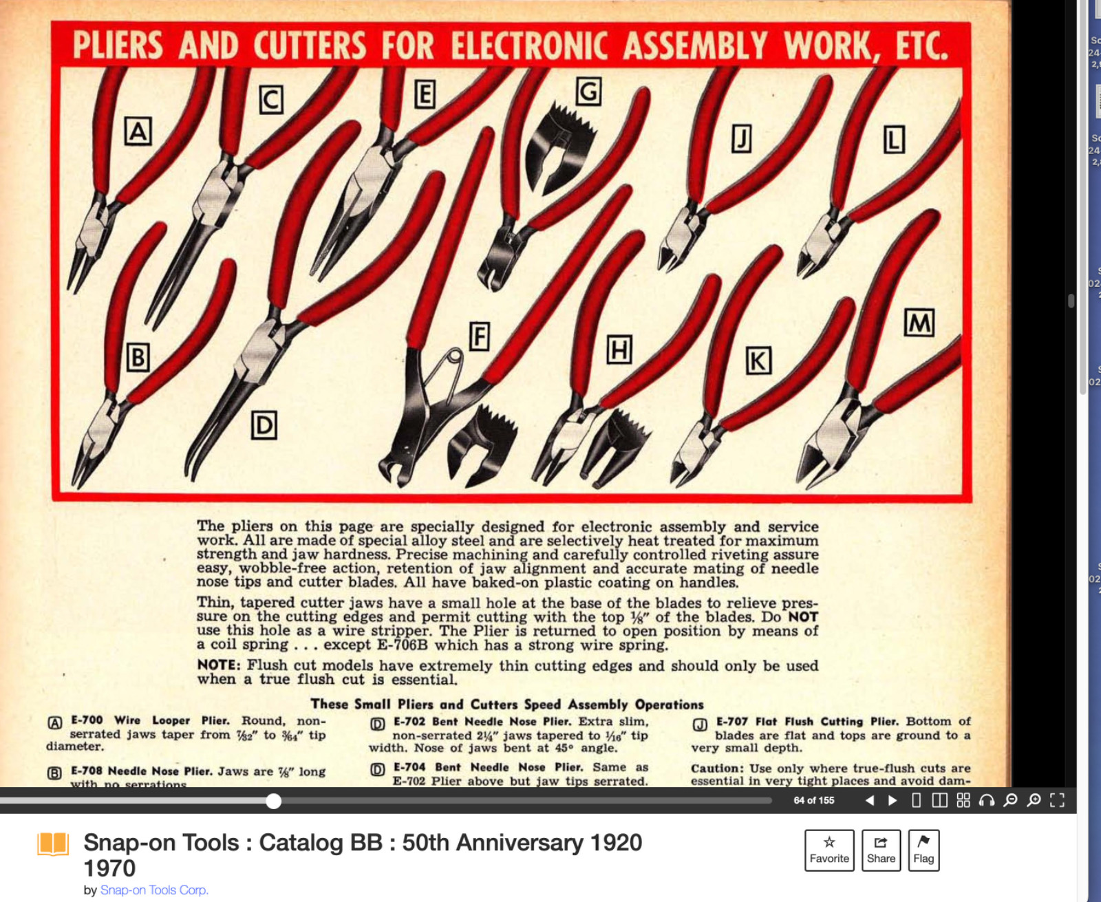 1965 SnapOn Tools E700 Precision Round Nose Pliers 41/2” Long Falak