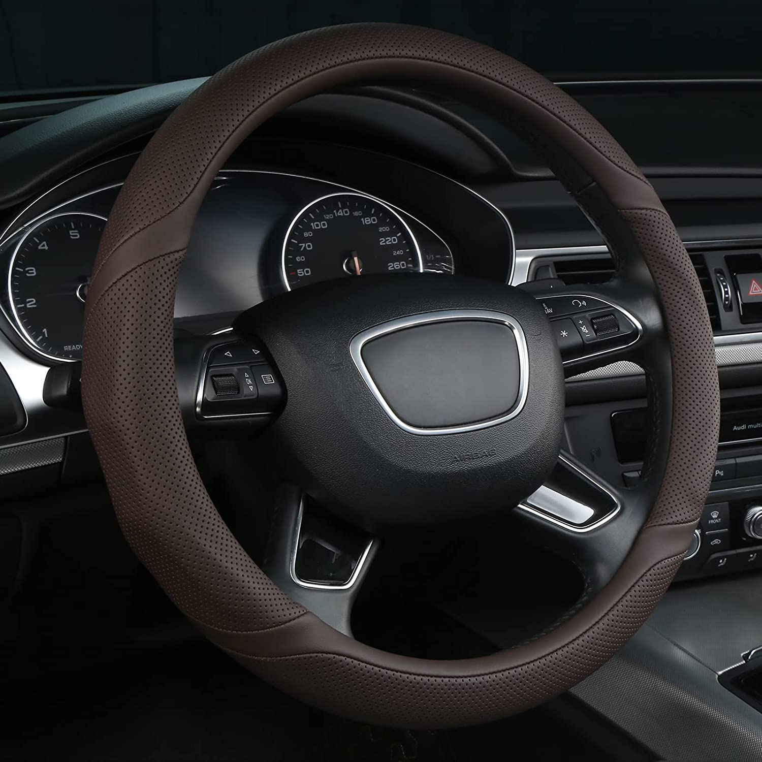Universal 15-Inch Brown Leather Steering Wheel Cover for Enhanced Grip
