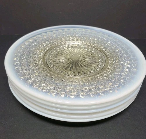 (5) Vintage Anchor Hocking Moonstone Clear Opalescent Hobnail Luncheon Plates