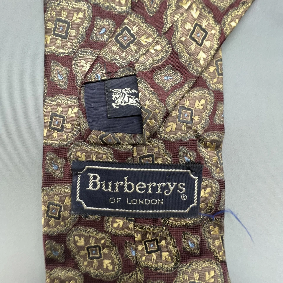 Винтажный мужской шелковый галстук Burberry коричневый золотой геометрический узор ручной шитье США 90-е - Изображение 4 из 4