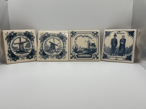 Vintage Set of 4 Delft Blue & White Holland America Cruise Line Tile Coasters