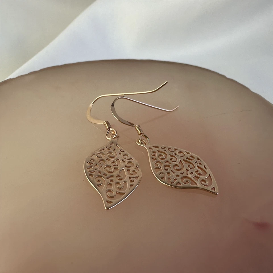 Boucles d'oreilles feuille filigrane en argent sterling plaqué or rose - Photo 2/4