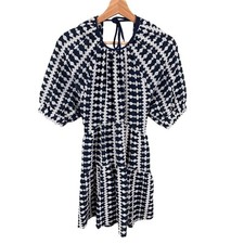 Maje Women's Size 34 Navy Woven Embroidered Frills Round Neck Trapeze Mini Dress