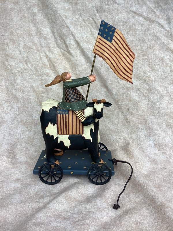 Willraye Studios 1999 Patriotic American Flag Waving Girl On Cow **SEE FLAG