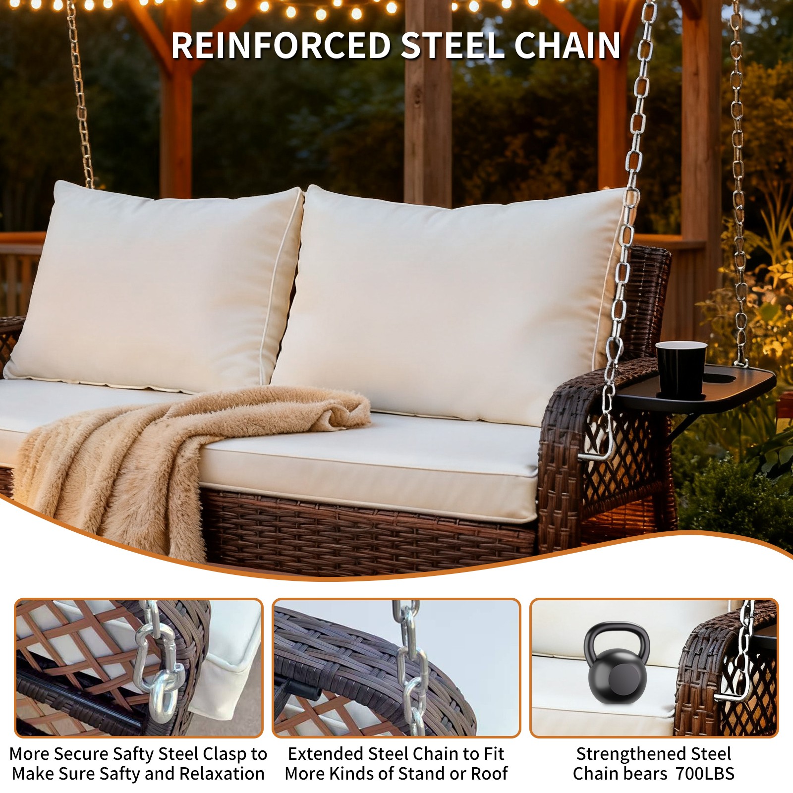 2-Seat Wicker Porch Swing Hanging Chair Outdoor Patio Swing Bench w/Side Table