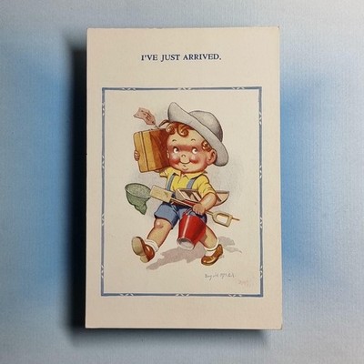 Comic Postkarte um 1950 Junge gerade angekommen Boot Urlaub Donald McGill