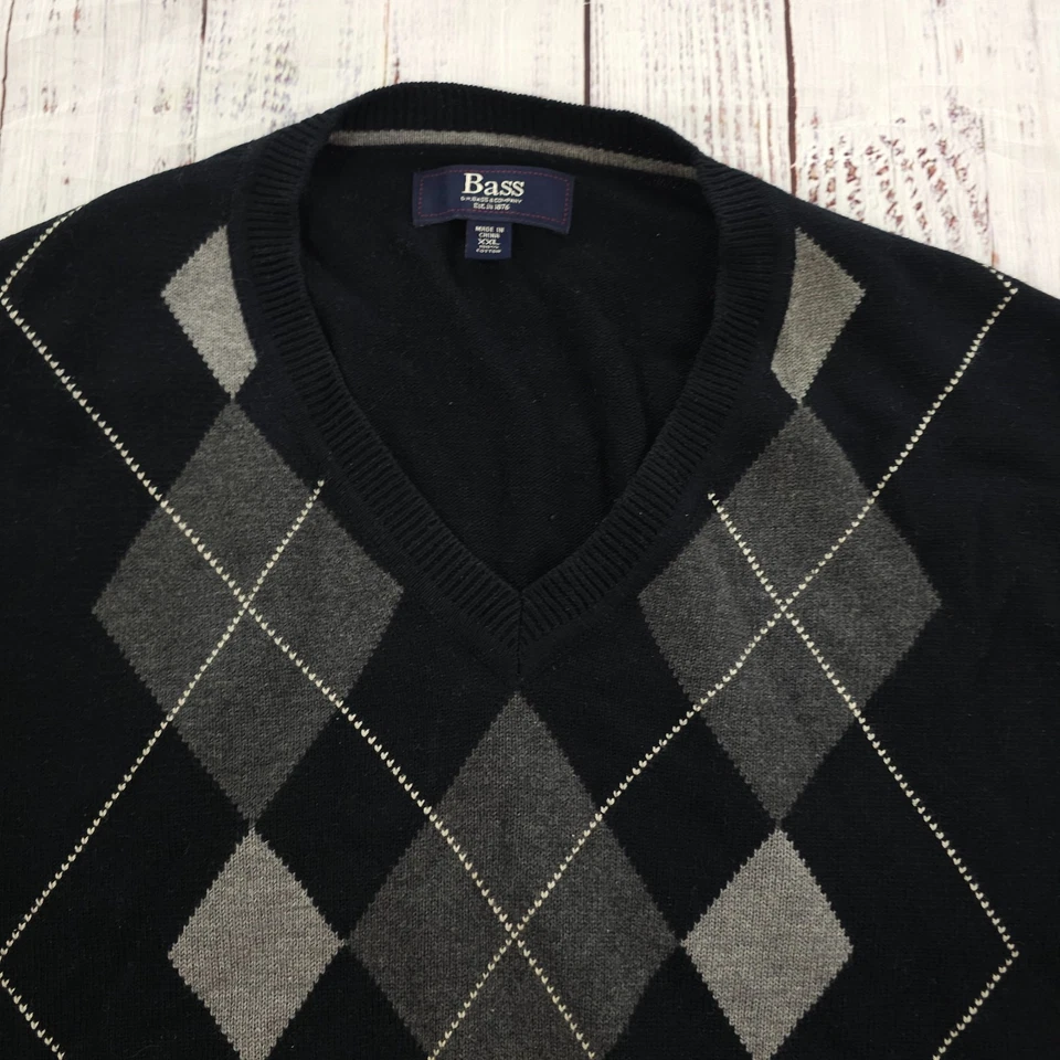 G.H. Suéter Pullover Bass Negro Argyle Cuello en V Manga Larga Para Hombre XXL Foto 2 de 4