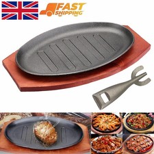Cast Iron Sizzle Hot Serving Steak Plate Pan Grill Platter Dish WITH Wooden Tray