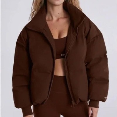 SET ACTIVE Oversized Full Zip Puffer Jacket in Coco Brown - XS