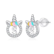 Unicorn Earrings for Girls, Letter S Initial Earrings for Little Girls Toddler E