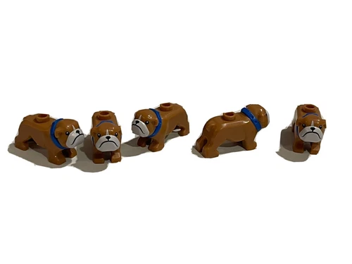 NEW LEGO 5 Brown Bulldog Dogs With Blue Collars