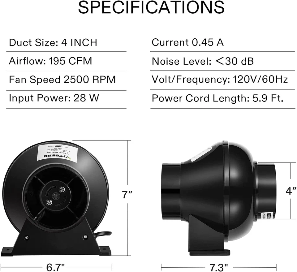 Ventilador de ventilación de conducto en línea 195 CFM de 4 pulgadas soplador de ventilación de HVAC para hidroponía NUEVO Foto 4 de 4