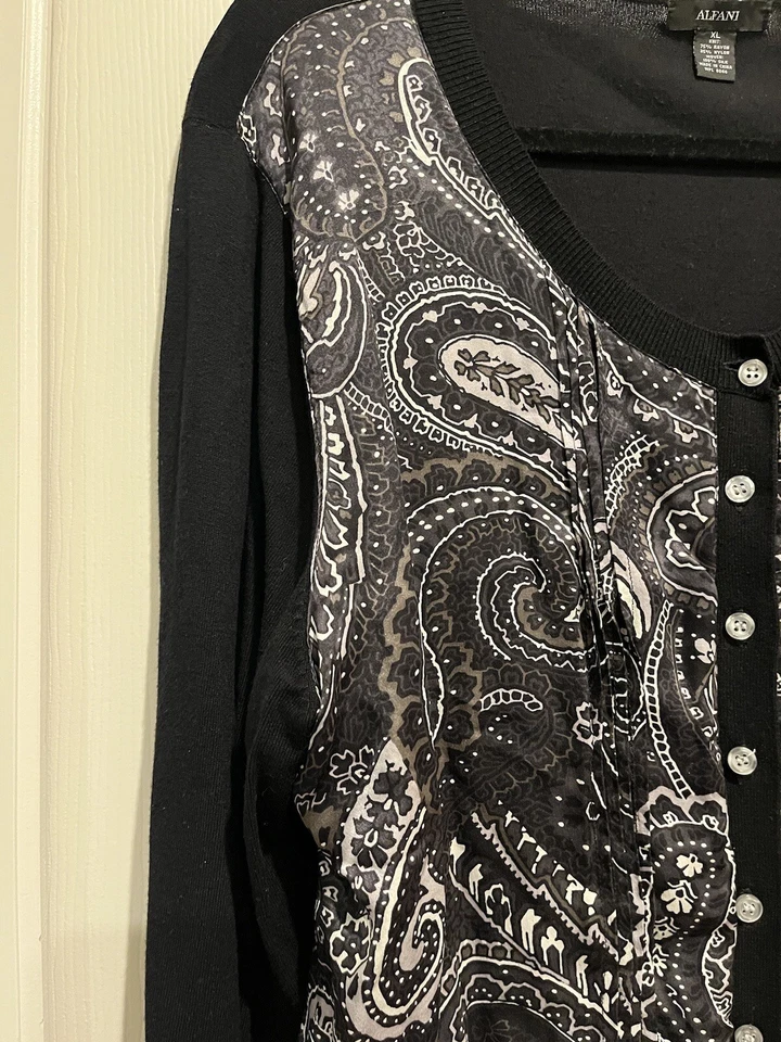 Suéter Cárdigan Alfani Paisley Seda/Rayón Negro/Gris-Talla XL Foto 4 de 4