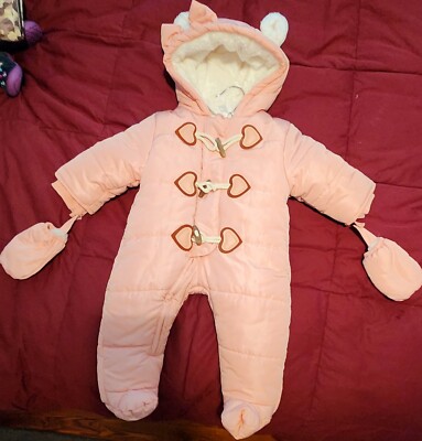 Pink Baby Bear Snow Suit Size to Matching Gloves! Cute