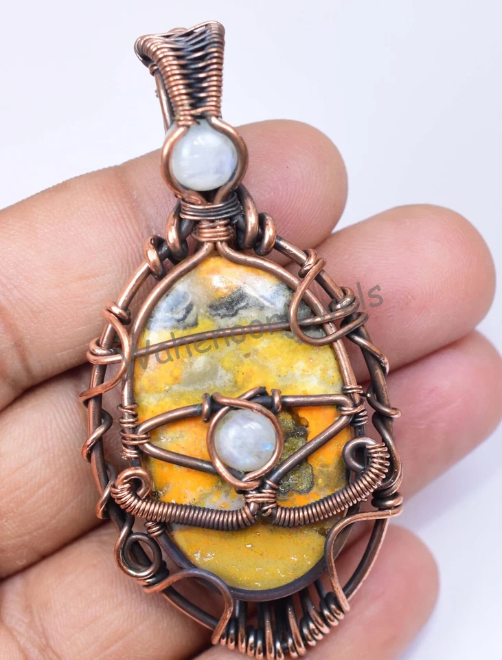 Raro Pendente In Giada Bumble Bee Jasper Con Filo Di Rame Avvolto Bellissimo - Immagine 2 di 4