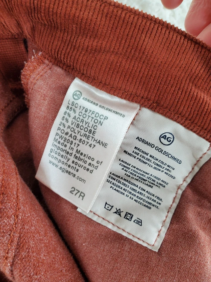 Pantalón de pana AG Adriano Rhett para mujer 27 marrón elástico tiro alto pierna recta (29x27) Foto 3 de 4