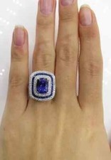 14K White Gold Plated Simulated Sapphire 3Ct Cushion Cut Women's Engagement Ring