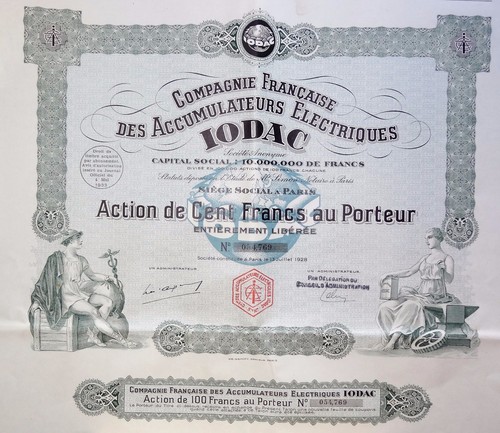 Compagnie Française des Accumulateurs Électriques IODAC Action 100 Francs 1928 - 第 1/2 張圖片