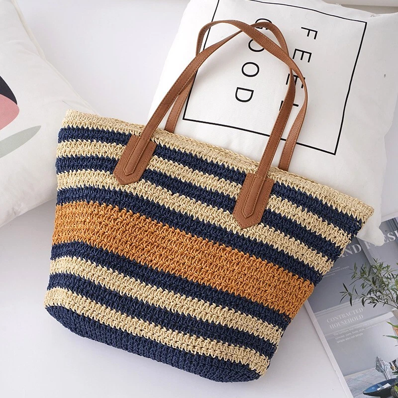 Hot Large Striped Straw Woven Tote Bag Beach Fashion Handbag Shoulder Bag - Image 3 of 4